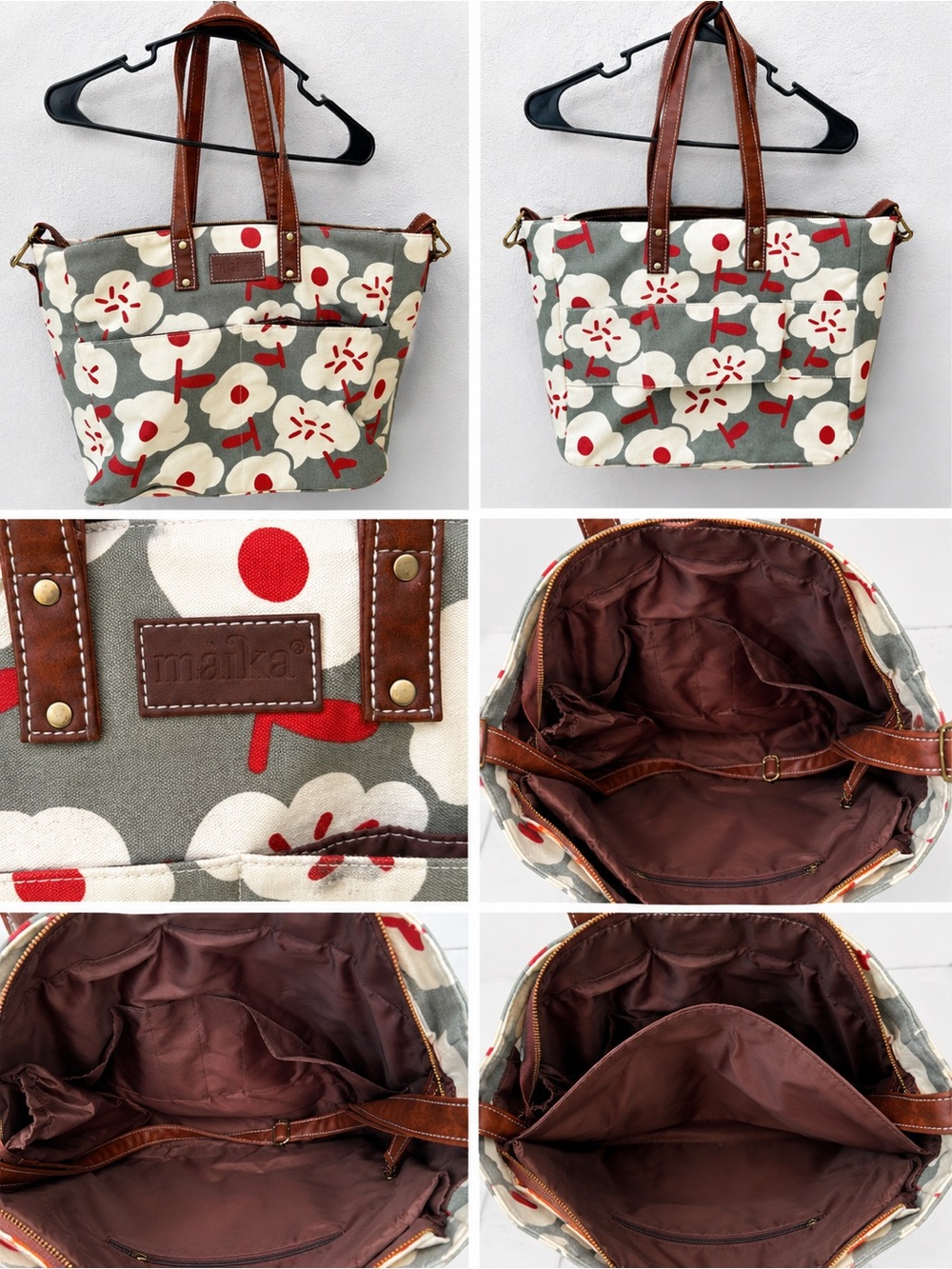 Maika Gray Canvas Tote with White Floral and Red Accents, Brown Handles